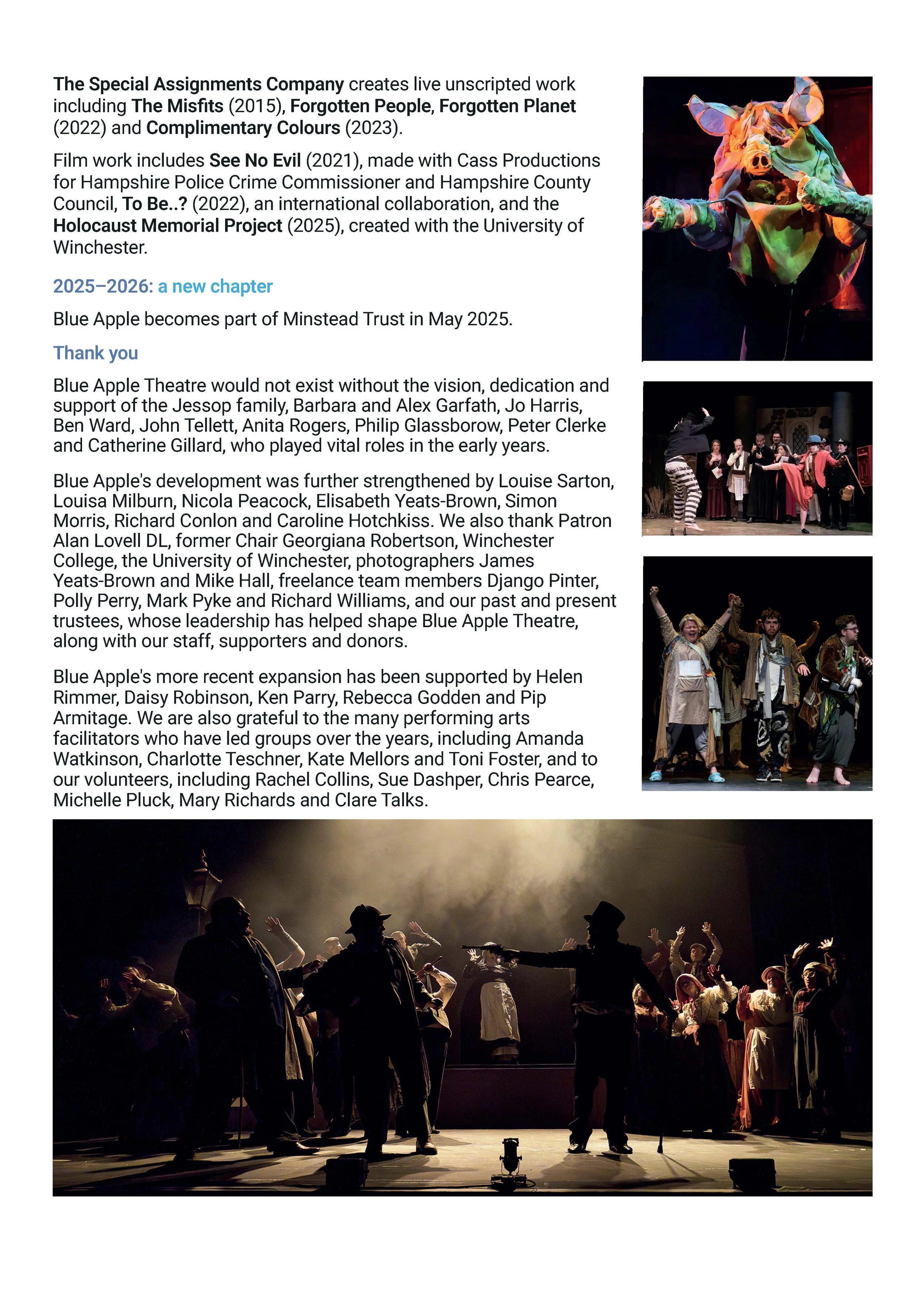 Timeline page covering Blue Apple Theatre's work from 2025–2026, including the merger with Minstead Trust, with photographs from theatre productions and a thank you to contributors and supporters.