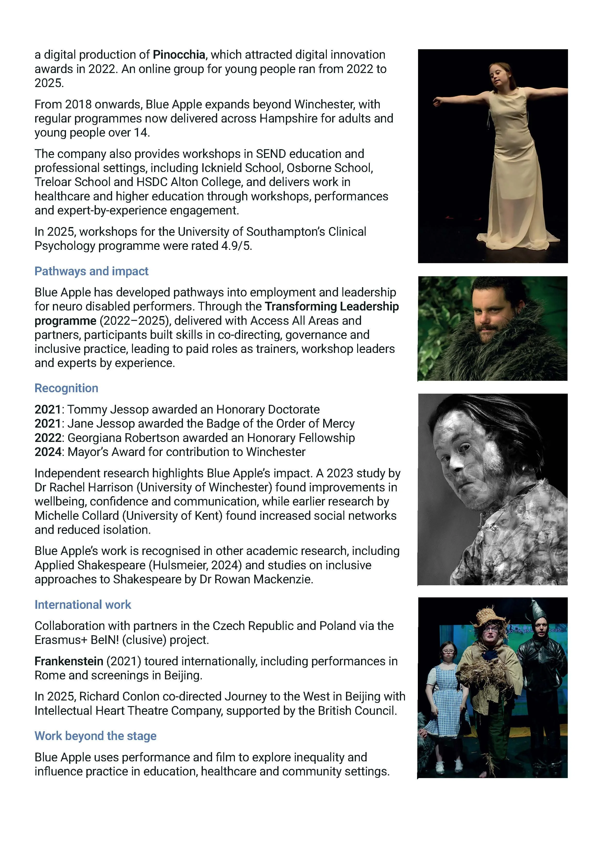 Timeline covering Blue Apple Theatre's recent impact, recognition and international work, including leadership development, research findings and partnerships, illustrated with photographs of performers in a range of productions.