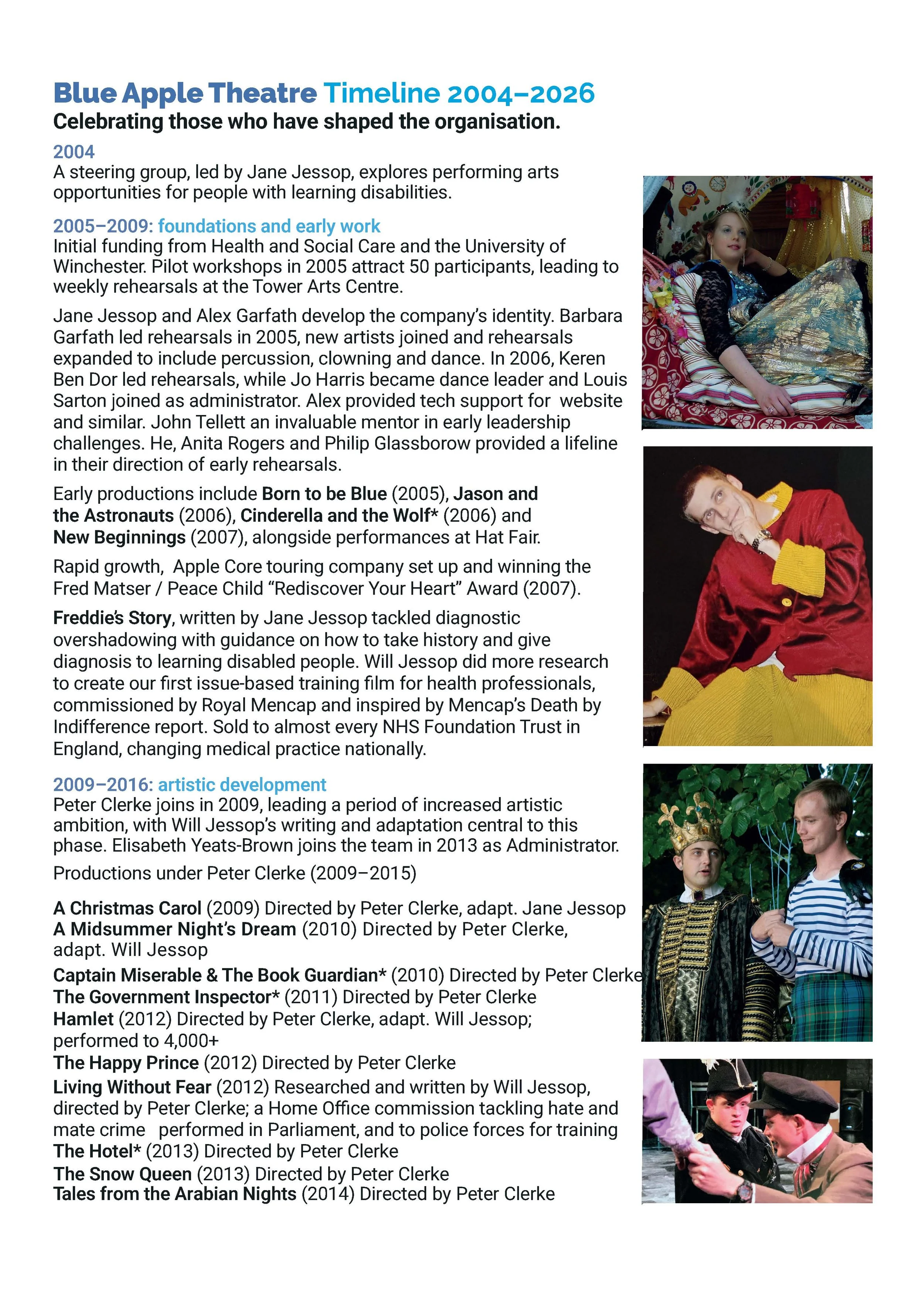 Timeline covering Blue Apple Theatre's early development from 2004 to 2016, including key productions, funding milestones and organisational growth, alongside photographs from theatre performances.