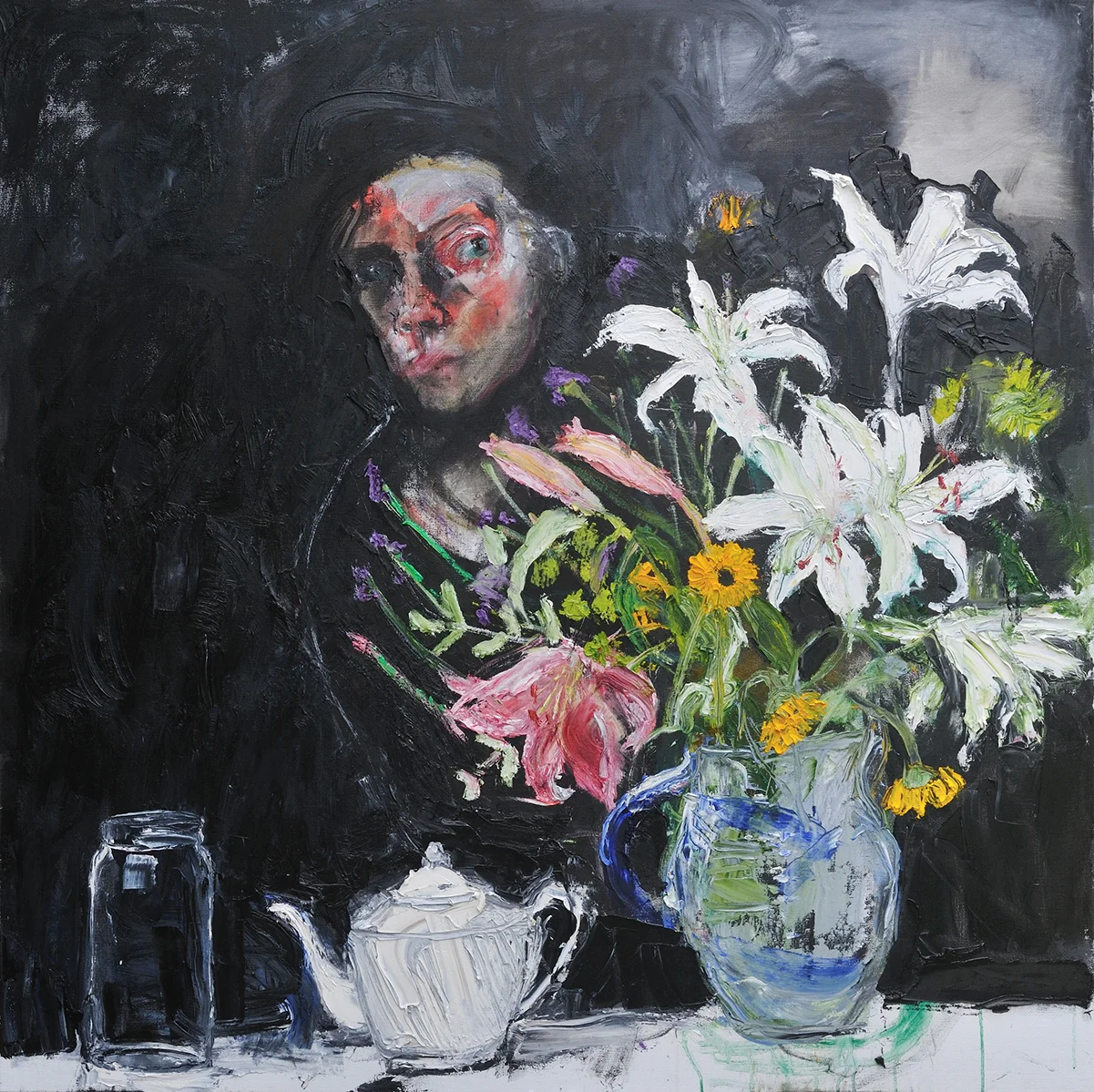 Black Painting with Lilies