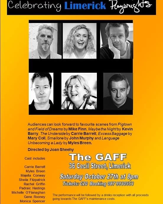 Join us in an unique night of theatre as we celebrate the work of some of Limerick's most loved, contemporary playwrights. You will enjoy short excerpts from Pigtown and Field of Dreams by Mike Finn, Maybe the Night by Kevin Barry, Excess Baggage by Mary Coll, Language Unbecoming a Lady by Myles Breen, The Underside by Carrie Barrett and Smallone by John Murphy, directed by Joan Sheehy.
A very fine cast has been assembled to perform the scenes including, Carrie Barrett, Myles Breen, James Coll, Rachel Griffin, Padraic Hastings, Jean McGlynn, Michelle O'Flanagan, Jason Ronan, Gene Rooney and Monica Spencer.
A post show reception will allow audience members to join the cast, director and writers in an informal review of the event.
The GAFF acknowledges, with gratitude, the voluntary work contributed by all of the artists, writers, actors, director and supporting creative team who participate in this event. Proceeds go towards The GAFF running costs.