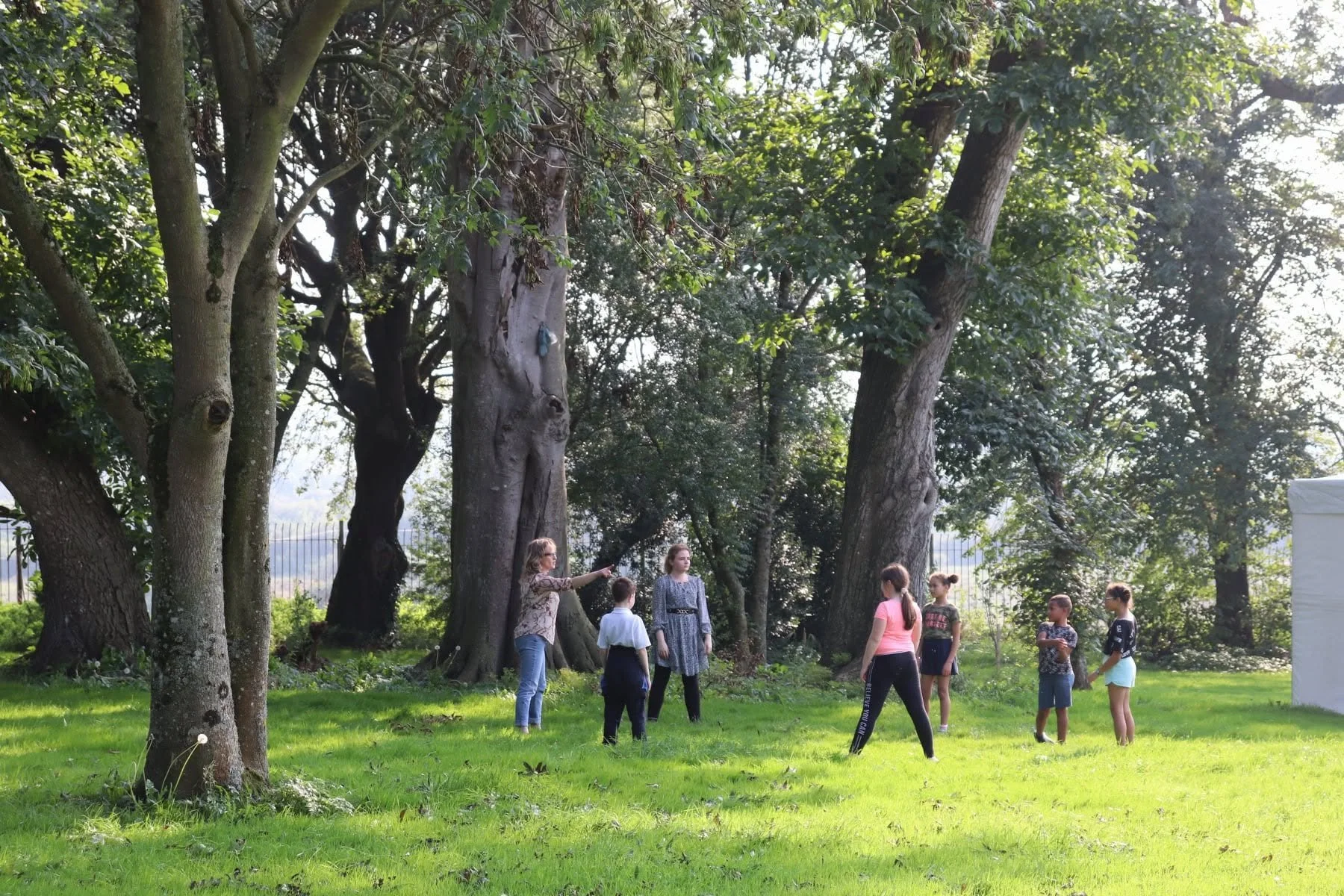 A group of young people stand in a circle with facilitators in a grassy area. They are surrounded by trees.