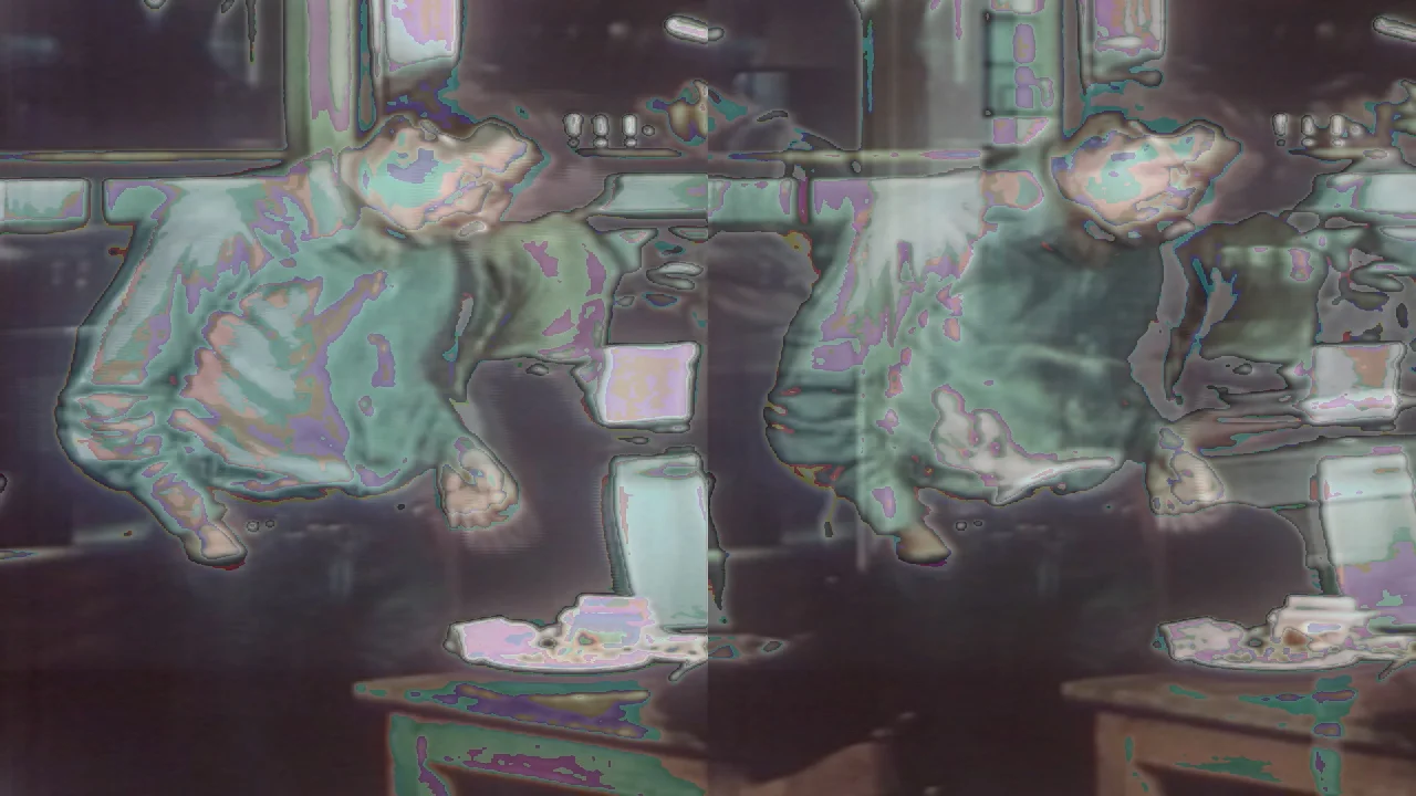 Everything is Ready (2016) sets a text, created by removing the Mandarin phrases from a teach-yourself-Mandarin tape, to a manipulated etiquette film with synthesized sound.