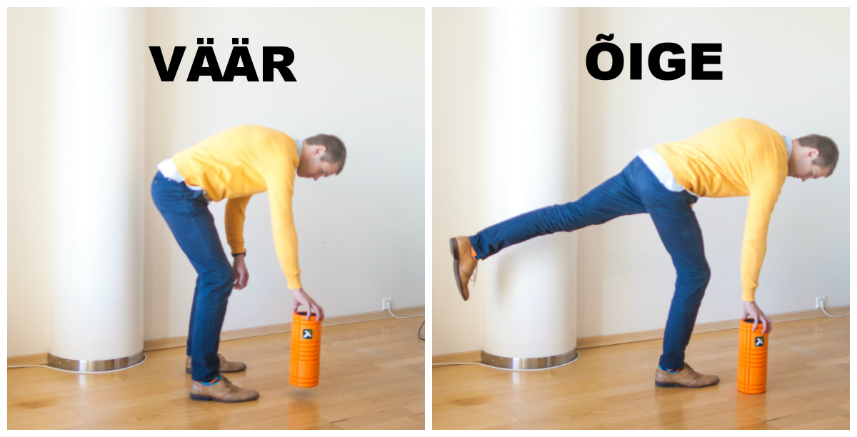 paremal pildil demonstreeritud "Golfer's lift" kergete objektide maast tõstmiseks.