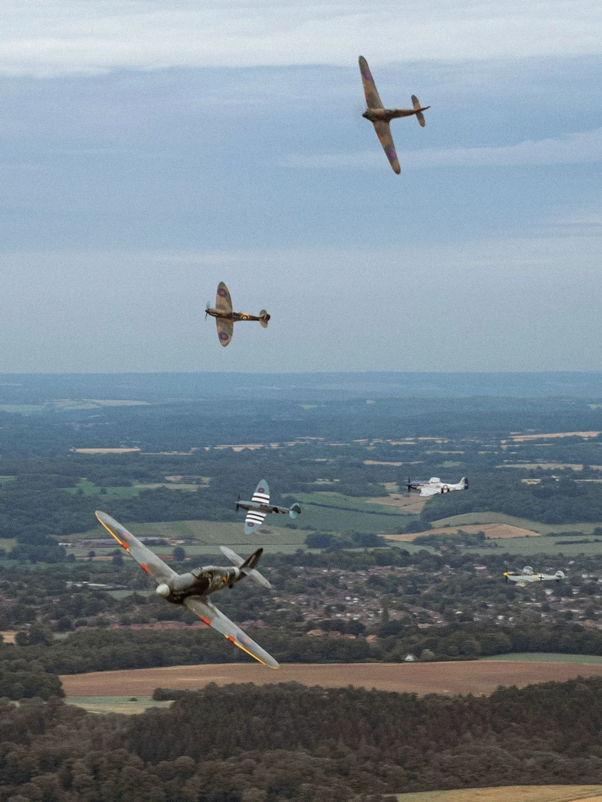Hawker Hurricane IIB BE505 leading the ARCo formation in flying display at Duxford Airfield.
