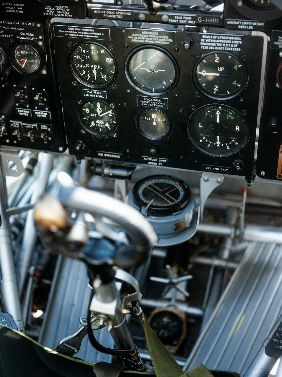 Hawker Hurricane IIB BE505 cockpit pilot controls in back seat of 2 seat.