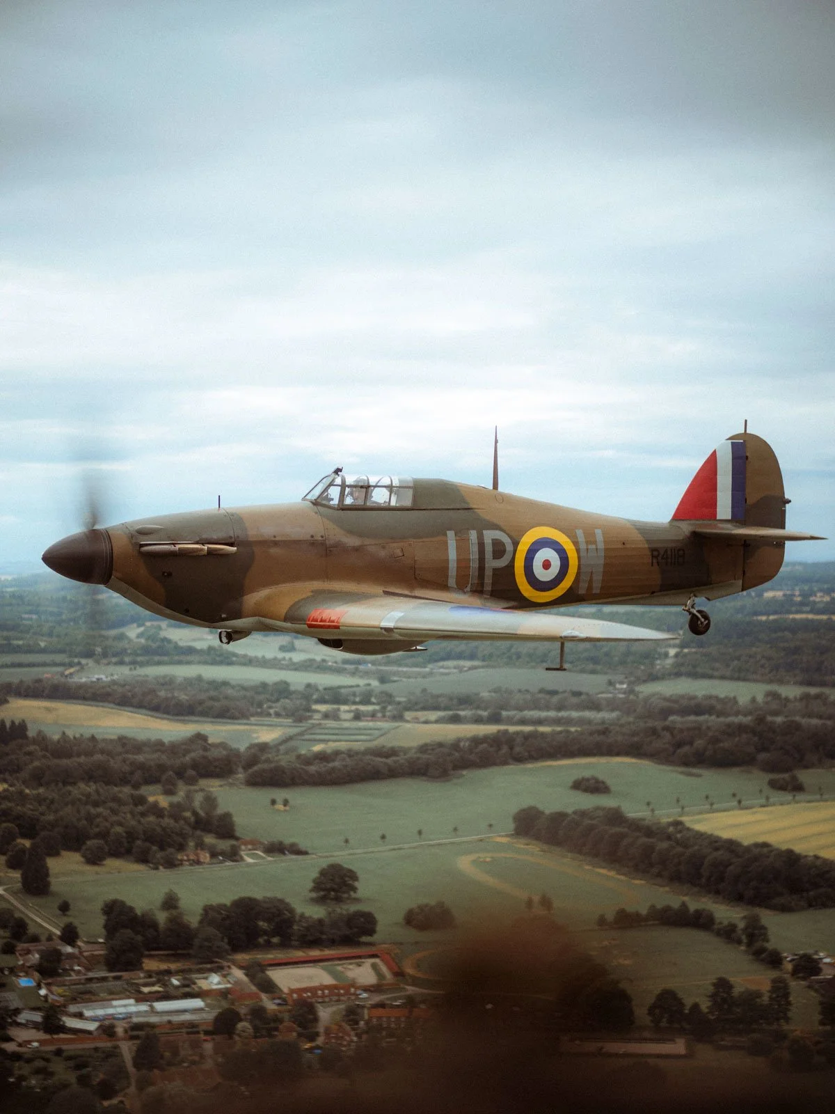 Hawker Hurricane I R4118 flying over the English countryside.