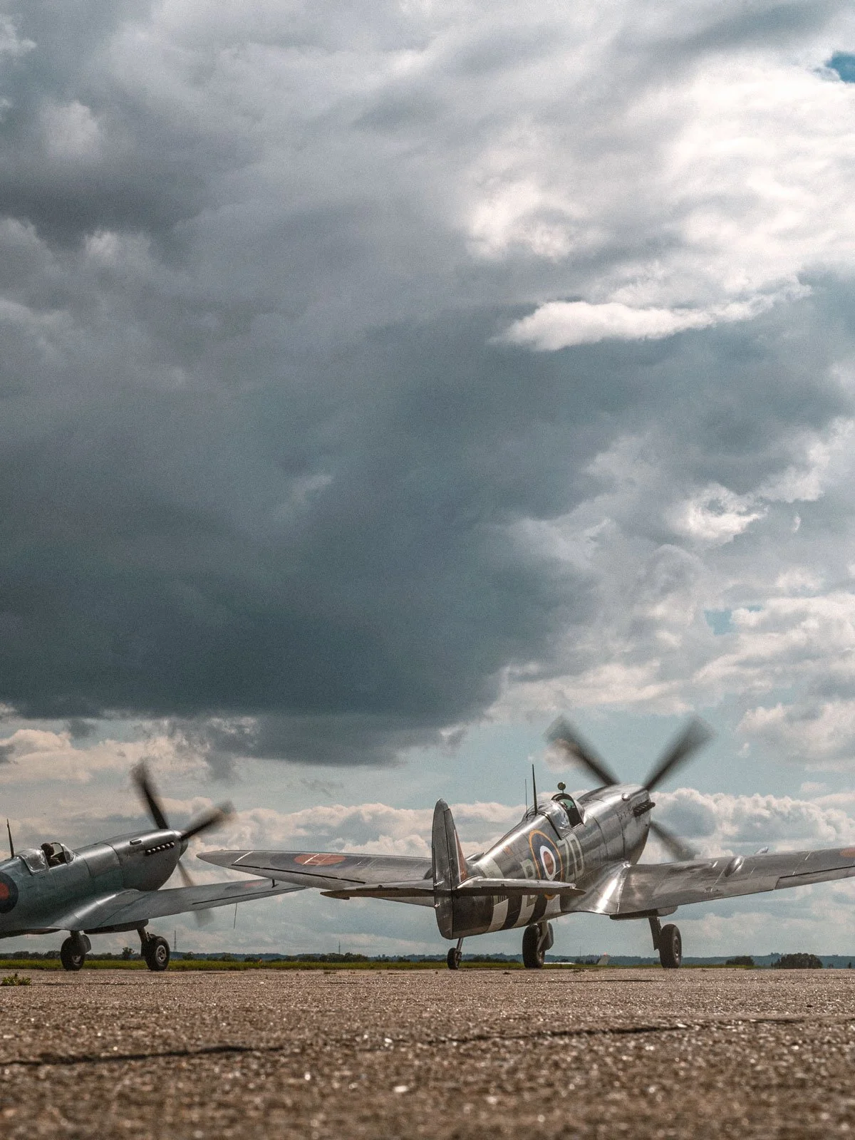 Supermarine Spitfire IX MH434 in the Duxford Airfield hold, ready for takeoff.