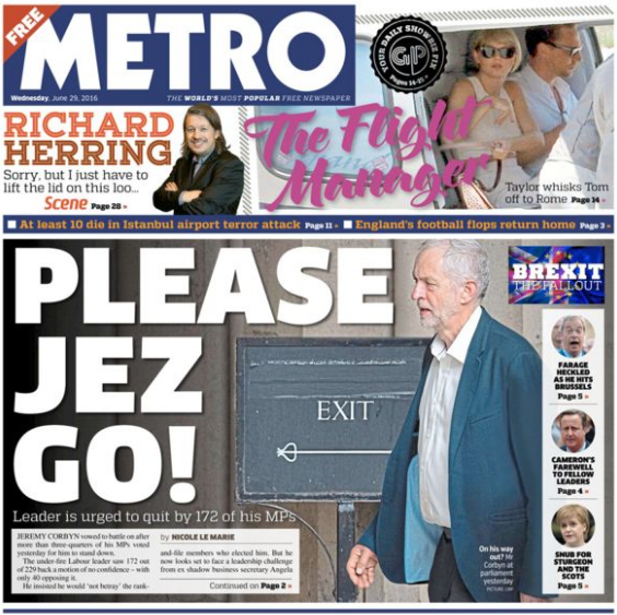 Wednesday's Metro front cover sends a pretty clear message to Jeremy Corbyn