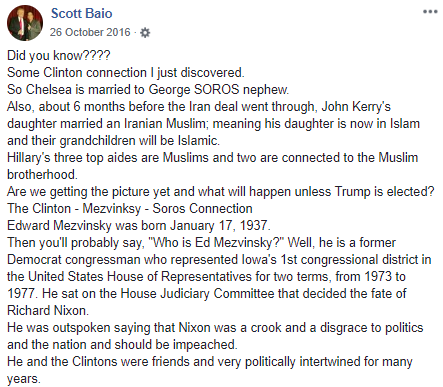  An excerpt of a Facebook status shared by influential right-wing actor Scott Baio. All the claims are incorrect. The status was shared more than 28,000 times.