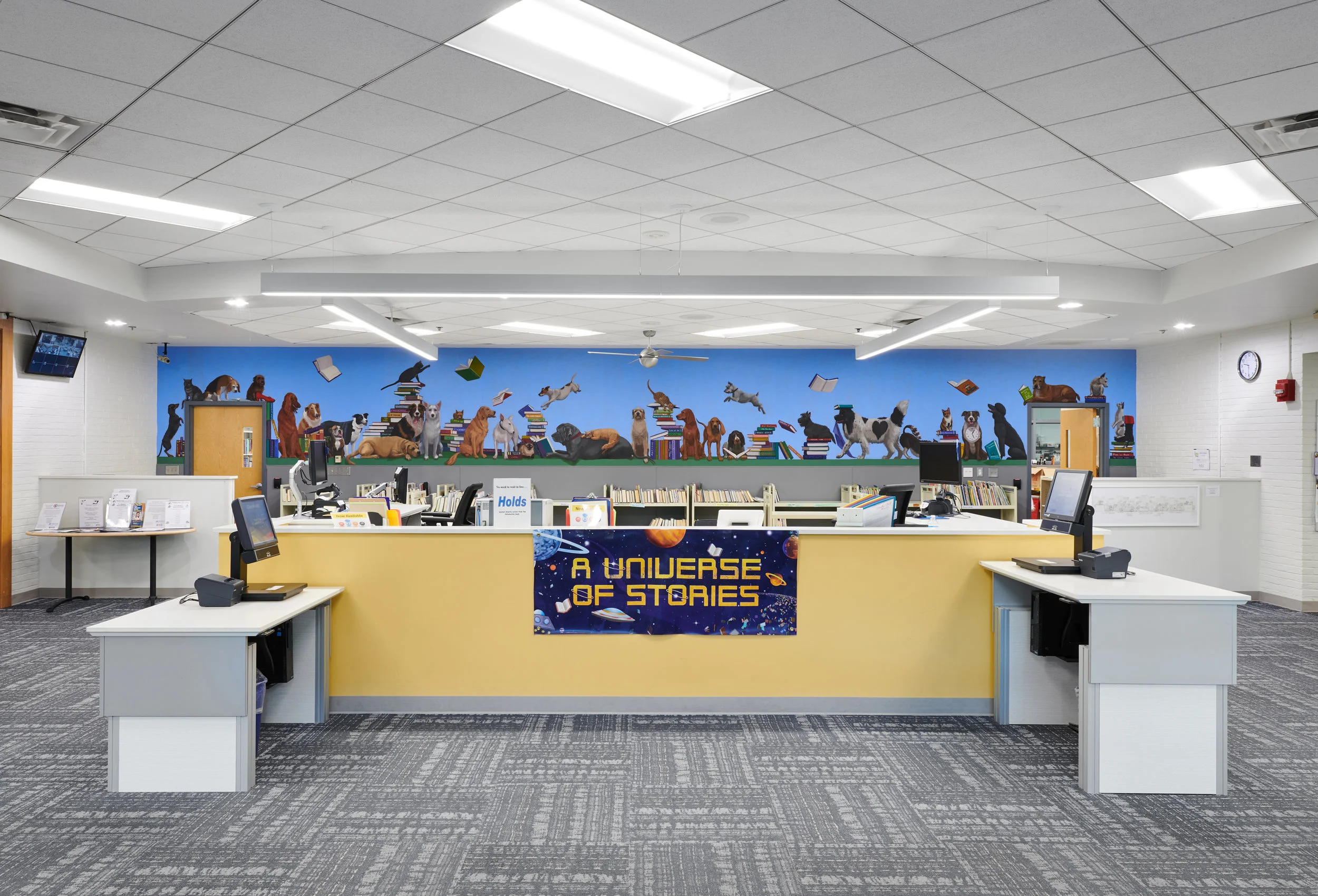 Connie Morella Library Bethesda, Maryland “Literary Dogs and a Few Cats” 40’ w x 5’ h View from the front of the circulation desk
