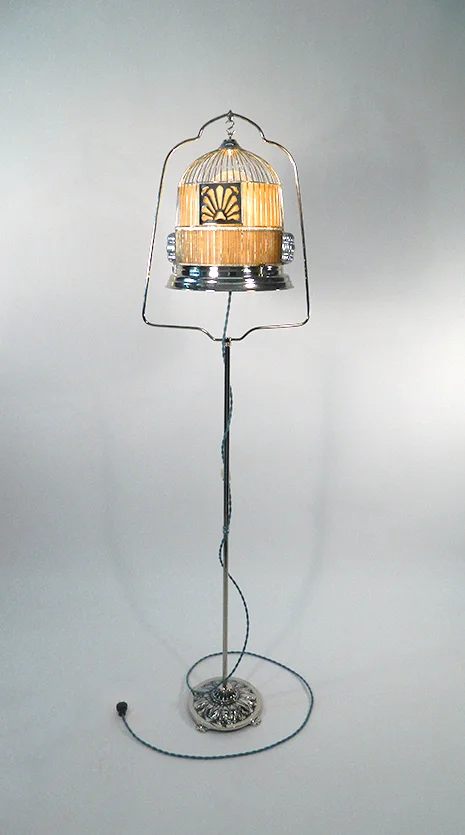 Bird Cage Floor Lamp with Wooden Shade