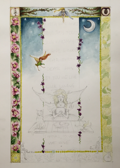 A progress picture of Peace Poster No. 1. The Peace Poster project revolves around the idea of a visible and illustrated quote, mantra or prayer, personalized to meet the commissioners desires.