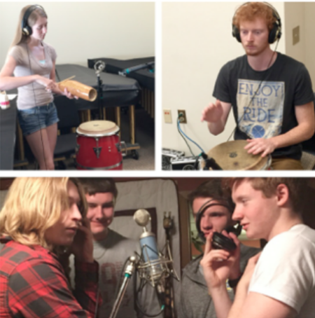 My daughter and her boyfriend recording percussion tracks while my son and his friends provide lay down some chanting on my song “One”.