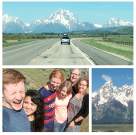 One of two vehicles entering Grand Teton National Park. A family group selfie laughing into the sun, and clouds floating by the peaks that inspired us along the road.
