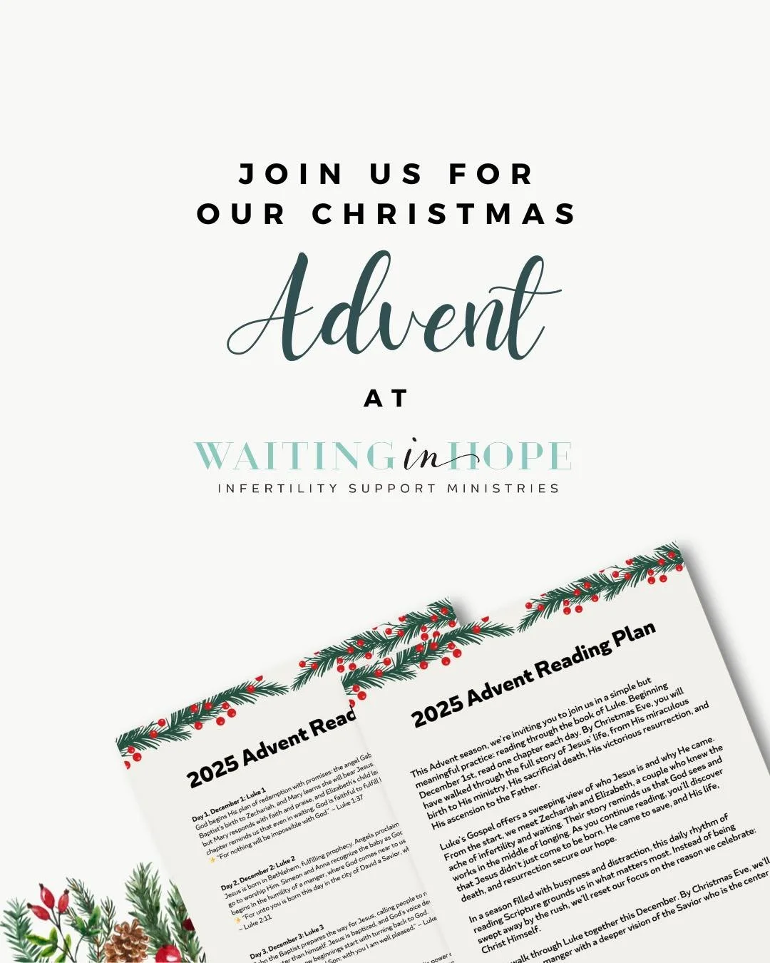 This Advent season, we&rsquo;re inviting you to join us in a simple but meaningful practice: reading through the book of Luke. 

Beginning December 1st, read one chapter each day. By Christmas Eve, you will
have walked through the full story of Jesus