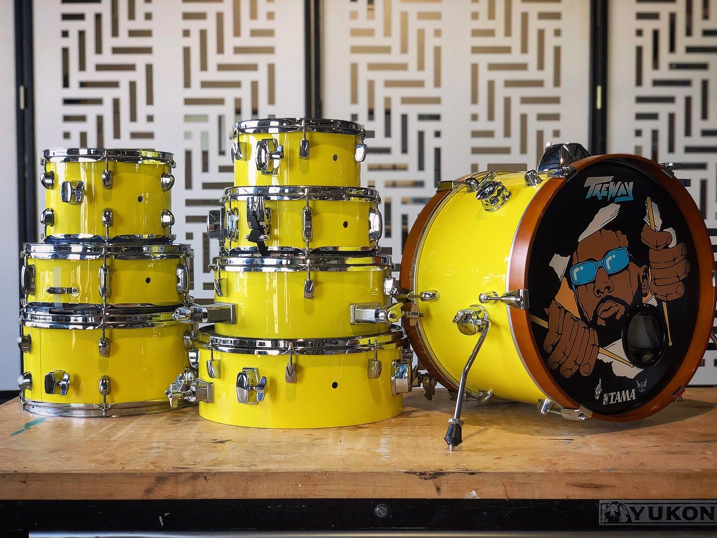 🟡🛠️ Yellow Custom Mod for @its_treway on this 8-Piece Hybrid Kit! New bearing edges, fresh set of @evansdrumheads and a full rewrap of 2 kits in this custom yellow gloss. Making its debut TONIGHT at @timerestaurant with @_thenowgen for TreWay&rsquo