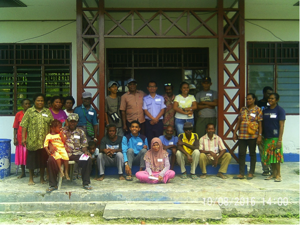 Diky (center in blue shirt) leading a workshop on potential fisheries management solutions for a small village in Raja Ampat, Indonesia.