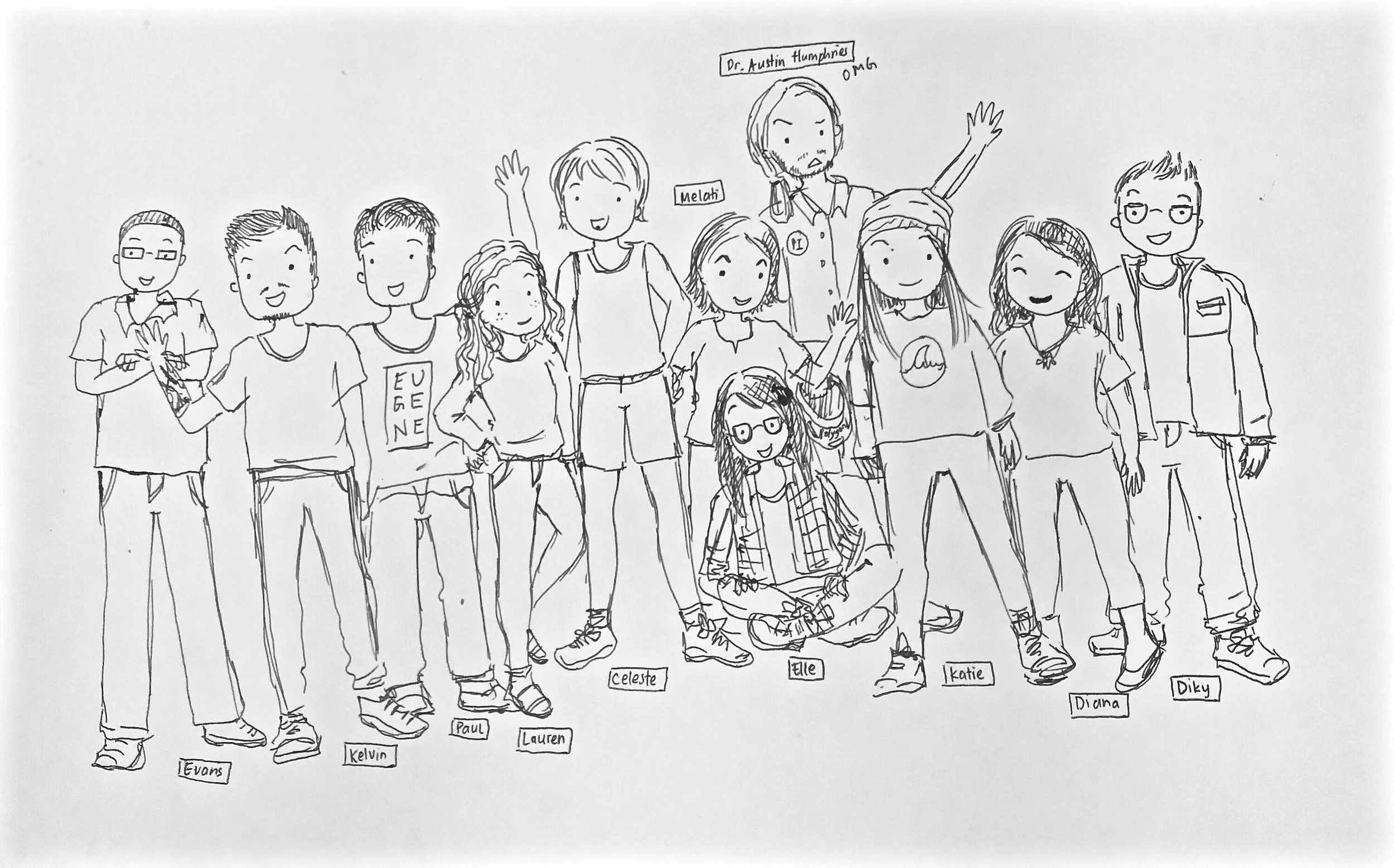 Shown here: Austin understandably startled by the success of his recruiting skills. Drawing by Elle Wibisono.
