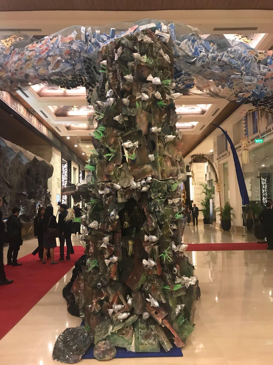Sculptures crafted from plastic trash decorate the halls of Our Ocean 2018.