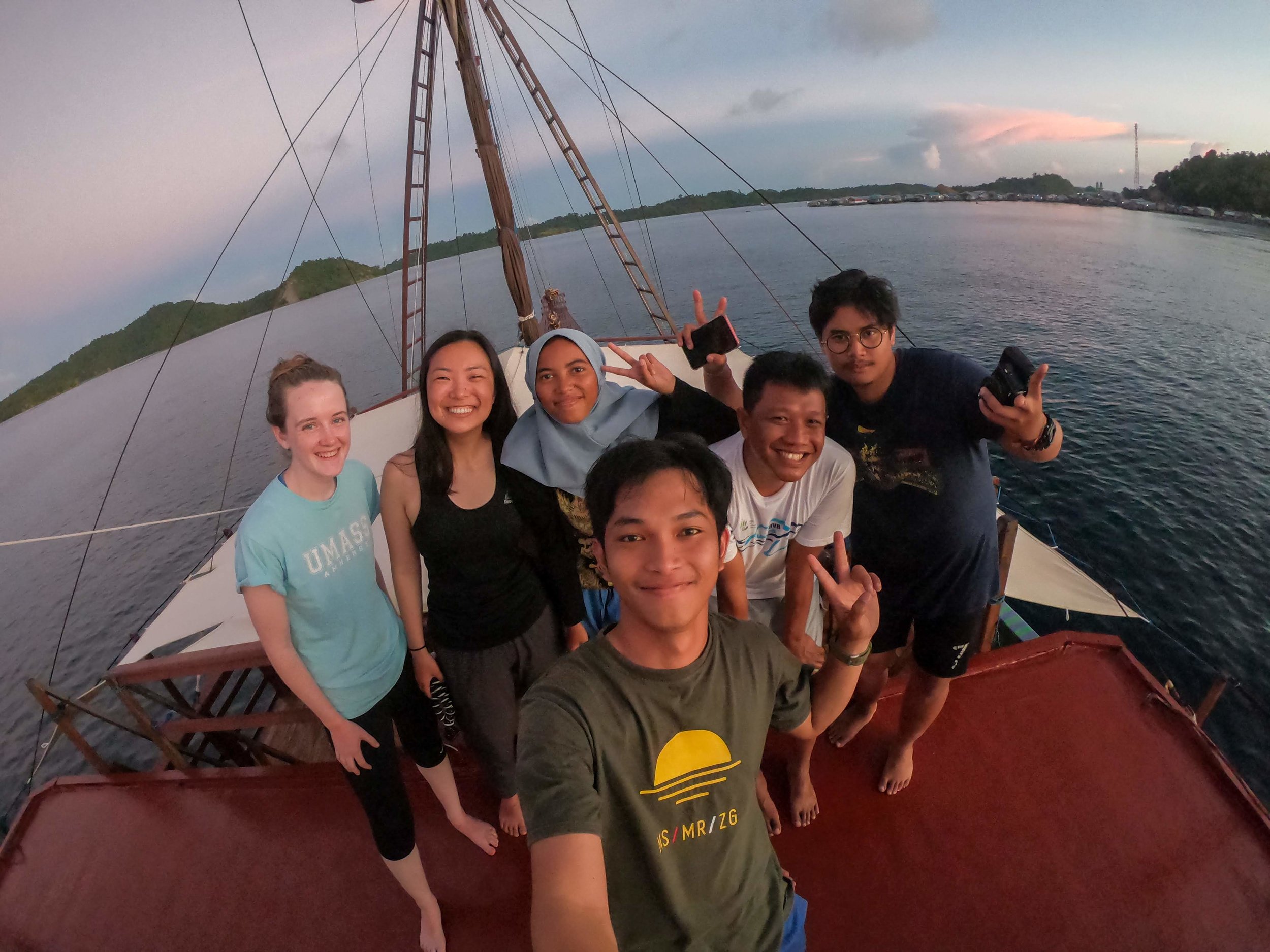 Graduate and undergraduate researchers (left to right) Erin, Elaine, Dije, Iqbal, Ubun, and Abby teamed up for fieldwork in Misool.