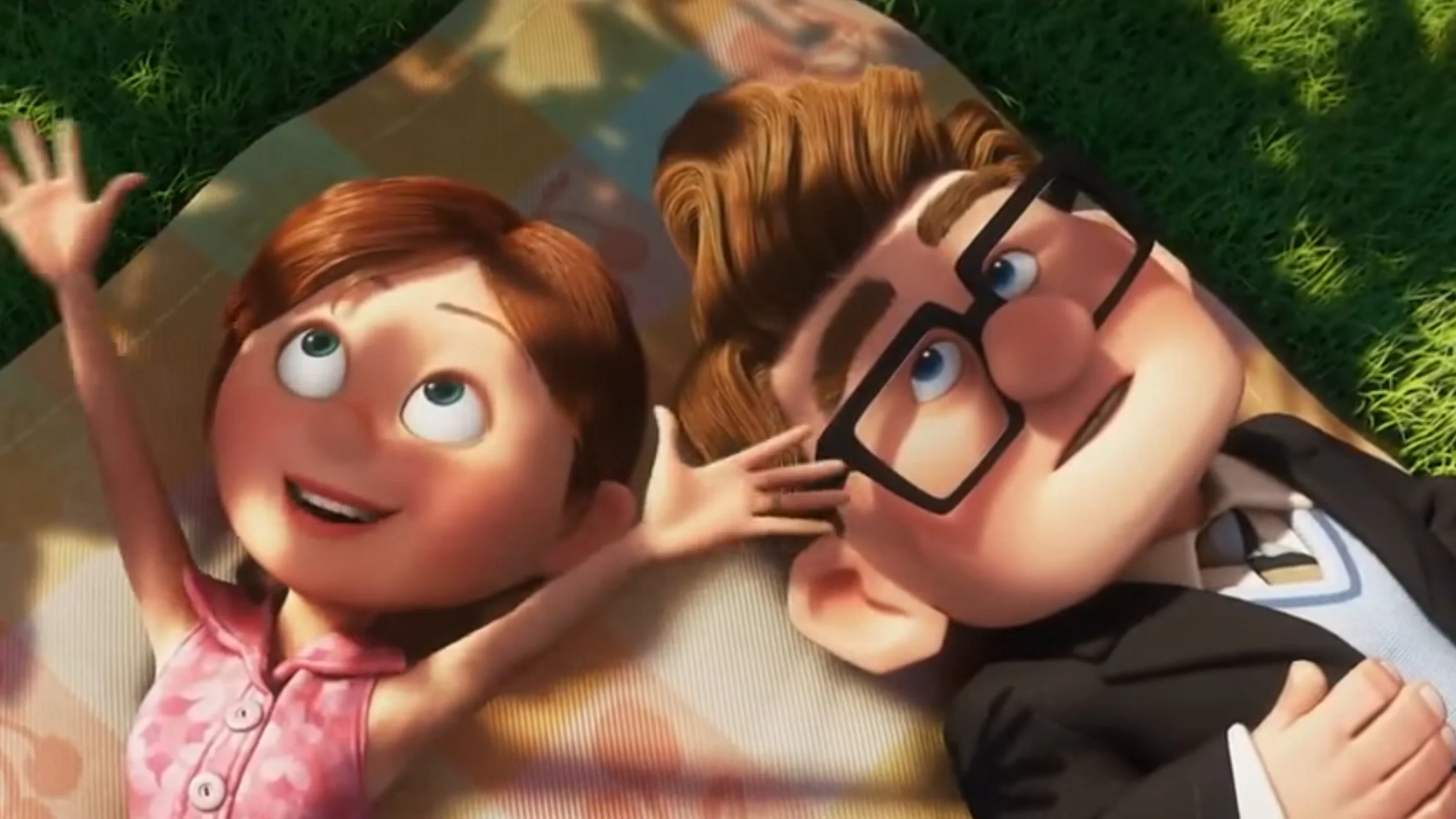 F.6 - Ellie and Carl have contrasting shapes and wear contrasting colours, emphasizing their personalities.