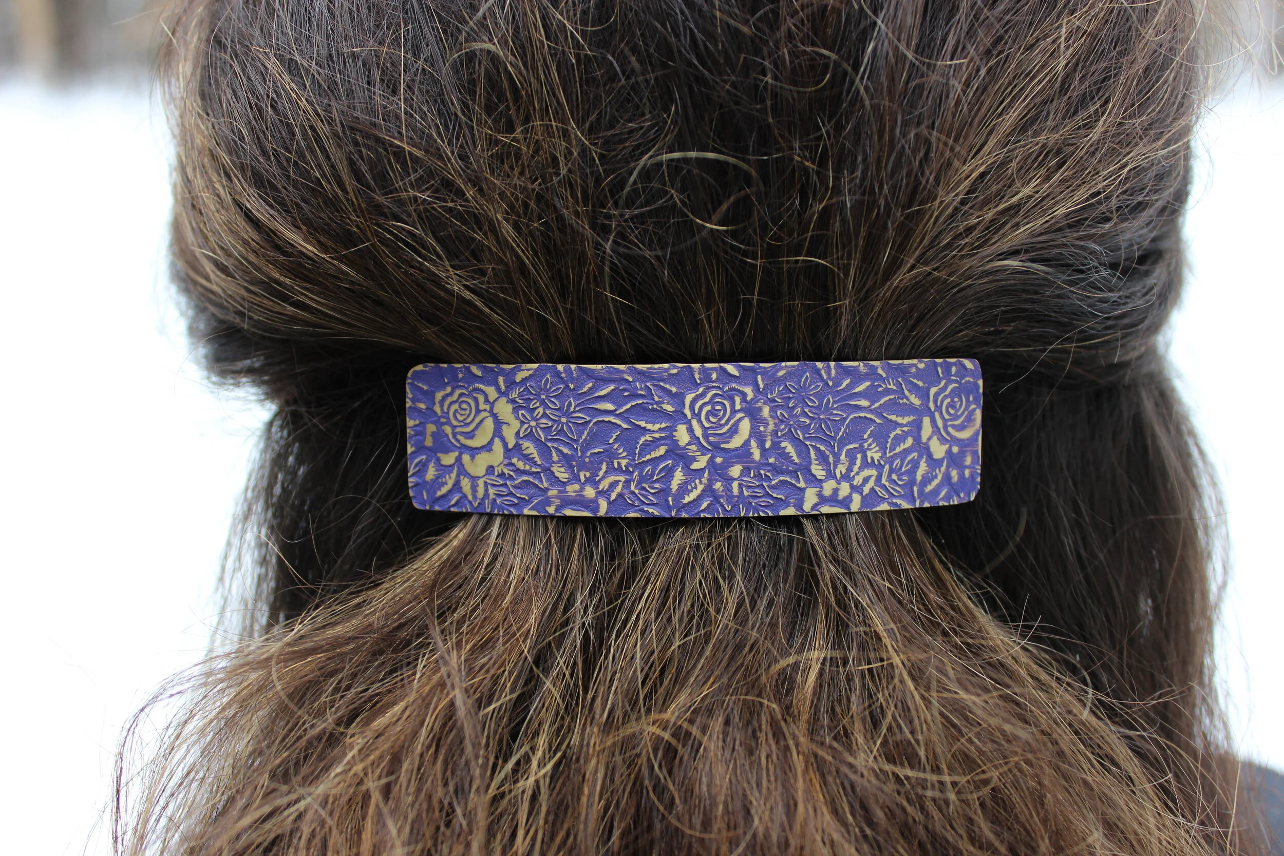 Brass Oval or Rectangle Rose Patterned Barrette with Patina