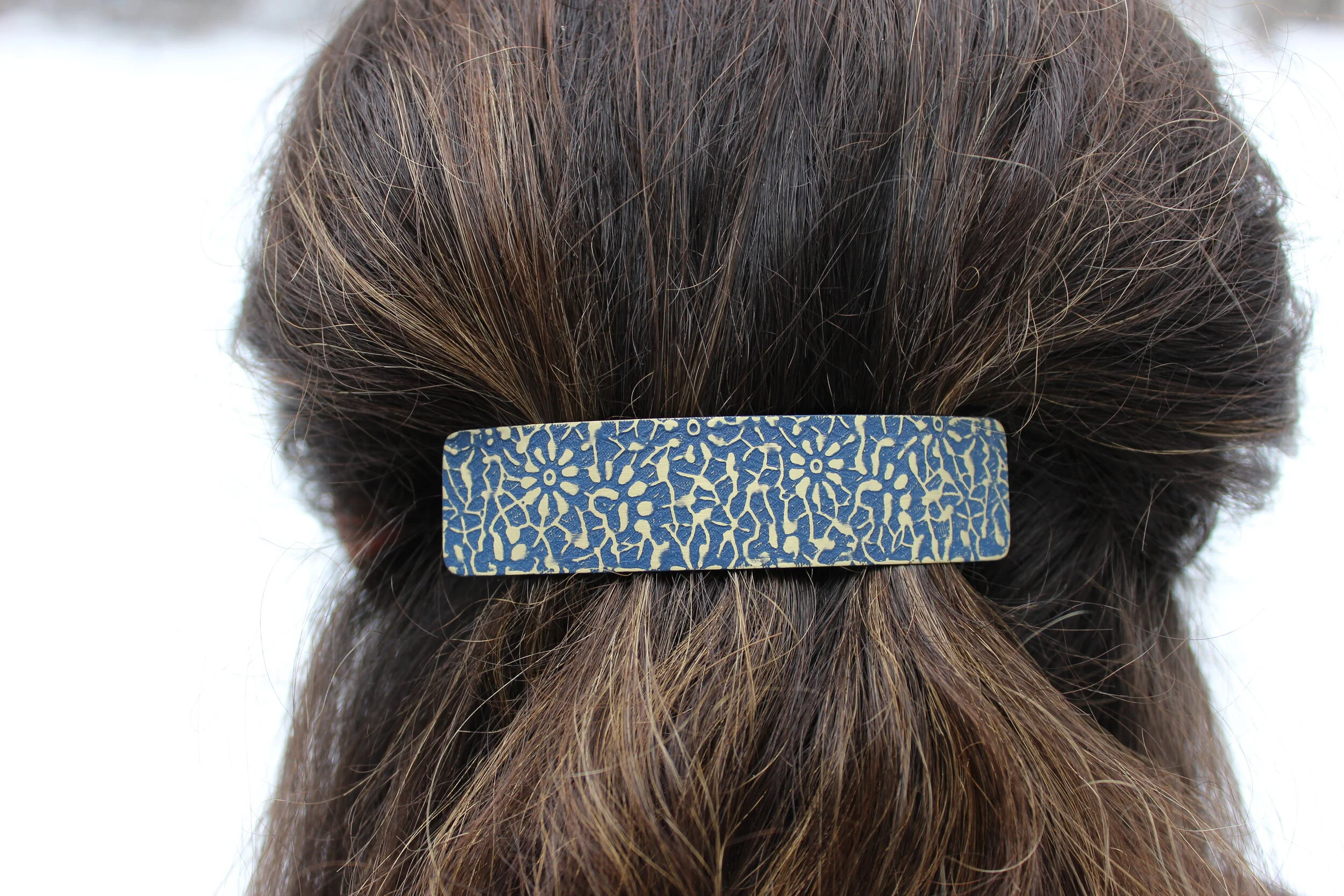 Brass Oval or Rectangle Daisy Patterned Barrette with Patina