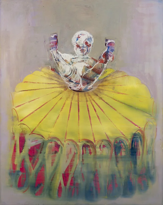 “Spread-legged Baby on Collar,” 2016, 60″ x 48″, oil on linen