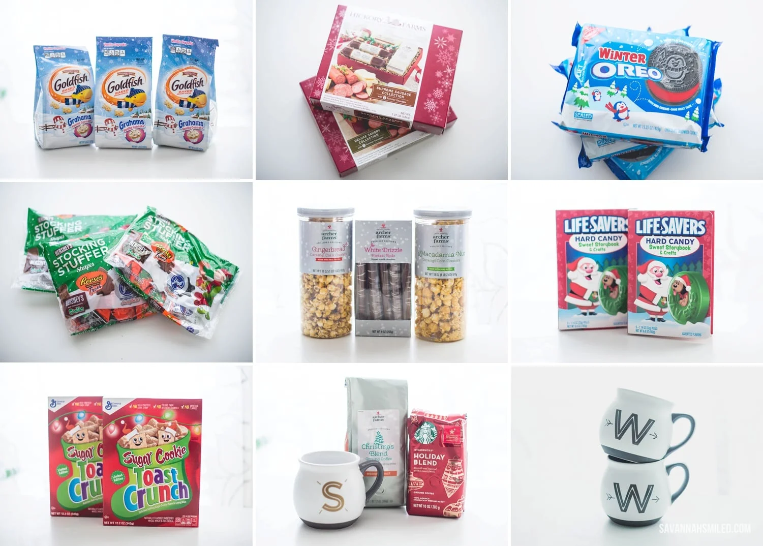 Goldfish cookies (x3) | Hickory Farms Sausage Sets (x2) | Winter OREOs (x3) | Hershey's Variety Packs (x3) | Archer Farms Popcorn (x2) and Chocolate Pretzels | LifeSavers Candies (x2) | Sugar Cookie Toast Crunch (x2) | Starbucks Coffee, Archer Farms Coffee, Threshold "S" Mug | Threshold "W" Mugs (x2) 