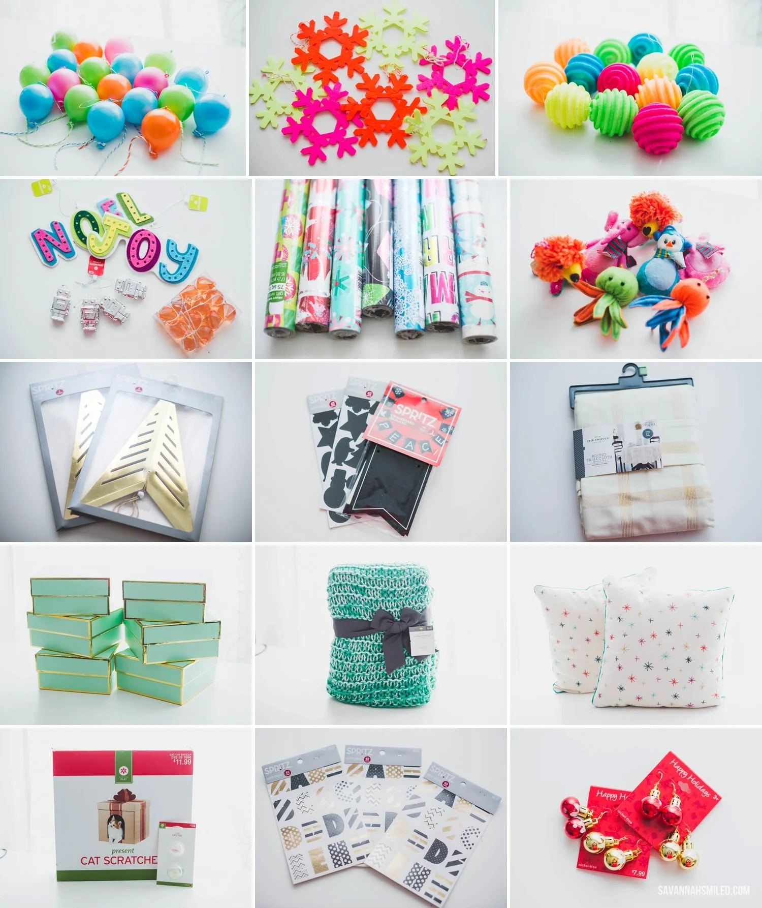 Plastic Balloon Ornaments (x19) | Felt Snowflake Ornaments (x7) | Foam Ornaments (x14) | Various Ornaments (x4) | Wrapping Paper (x7+) | Animal Ornaments (x7) | Spritz Gold Stars (x2) | Spritz Chalkboard Stickers & Banner | Threshold Tablecloth | Sugar Paper Boxes (x6) | Threshold Throw Blanket | Threshold Decorative Pillows (x2) | Cat Scratch Box and Toys | Spritz Alphabet Stickers (x3) | Ornament Earrings (x2)