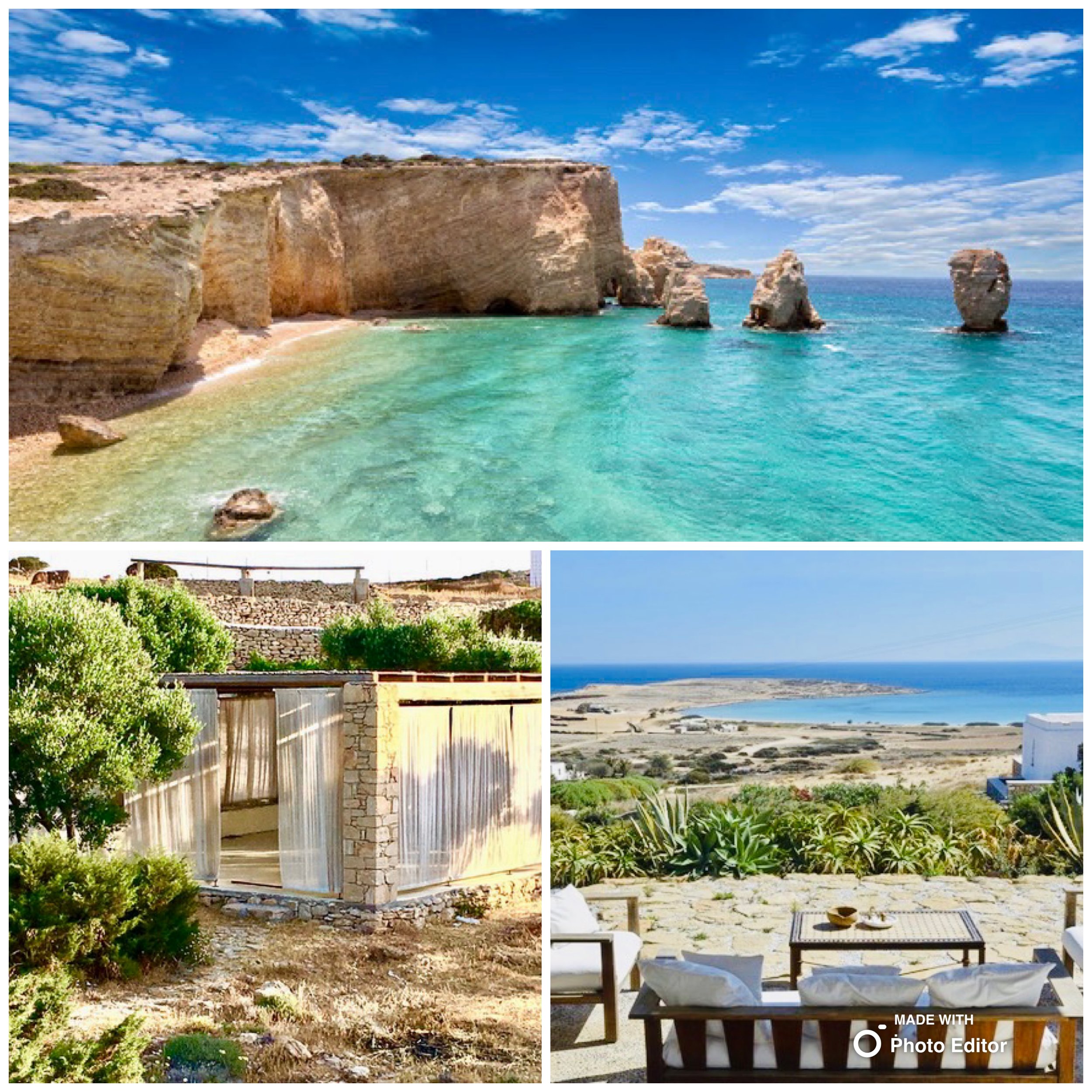 Collage of beach scenes with cliffs, rock formations, shoreline, and outdoor seating area.