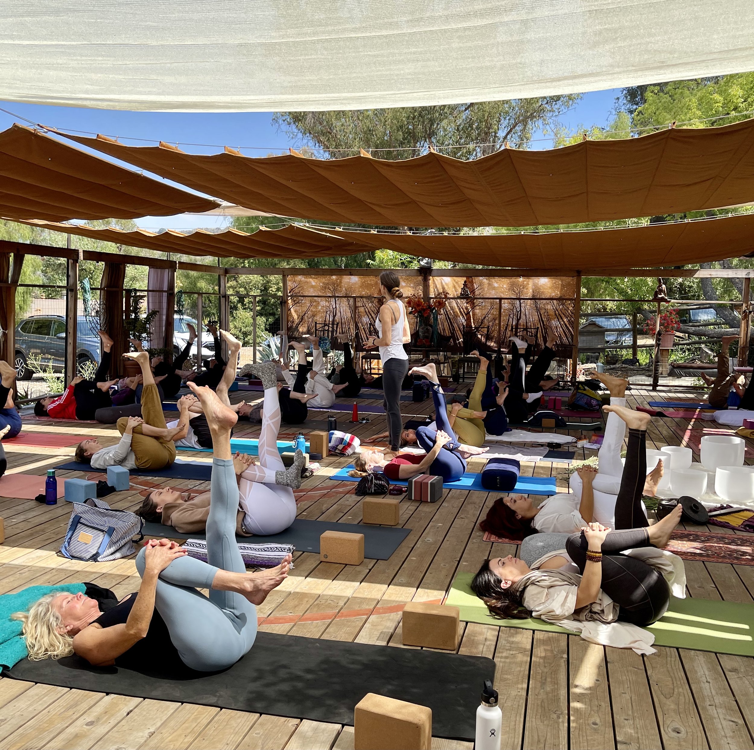 People participating  outdoor yoga with Vivica Schwartz  under large fabric canopy shades on a wooden deck with trees and blue sky in background.