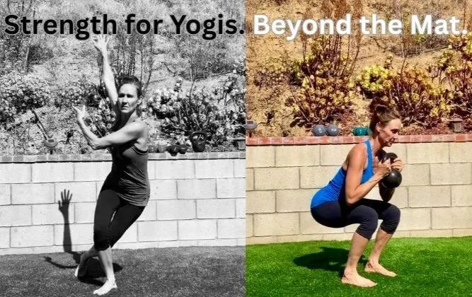 Vivica Schwartz practicing yoga in two different environments. he is in black and white, standing outdoors  striking a yoga pose. On the right, performing a squat with a kettlebell outdoors. "Strength for Yogis. Beyond the Mat."