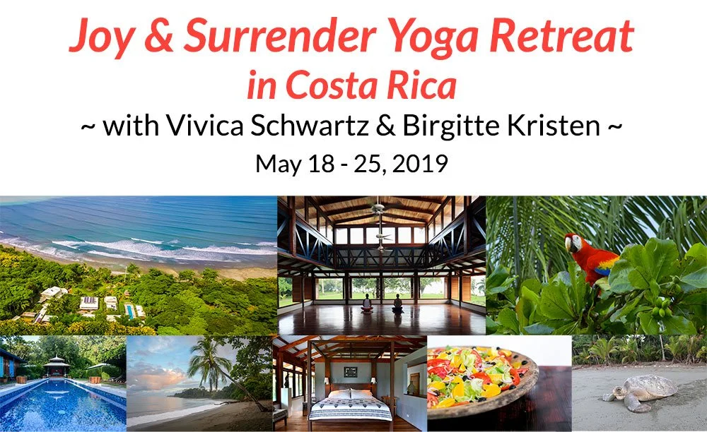 Poster for Joy & Surrender Yoga Retreat in Costa Rica, featuring pictures of the beach, a yoga studio, tropical plants, a parrot, a swimming pool, a palm tree on the beach, a bedroom, a pizza with vegetables, and a turtle on the sand, scheduled from May 18 to 25, 2019, with instructor Vivica Schwartz
