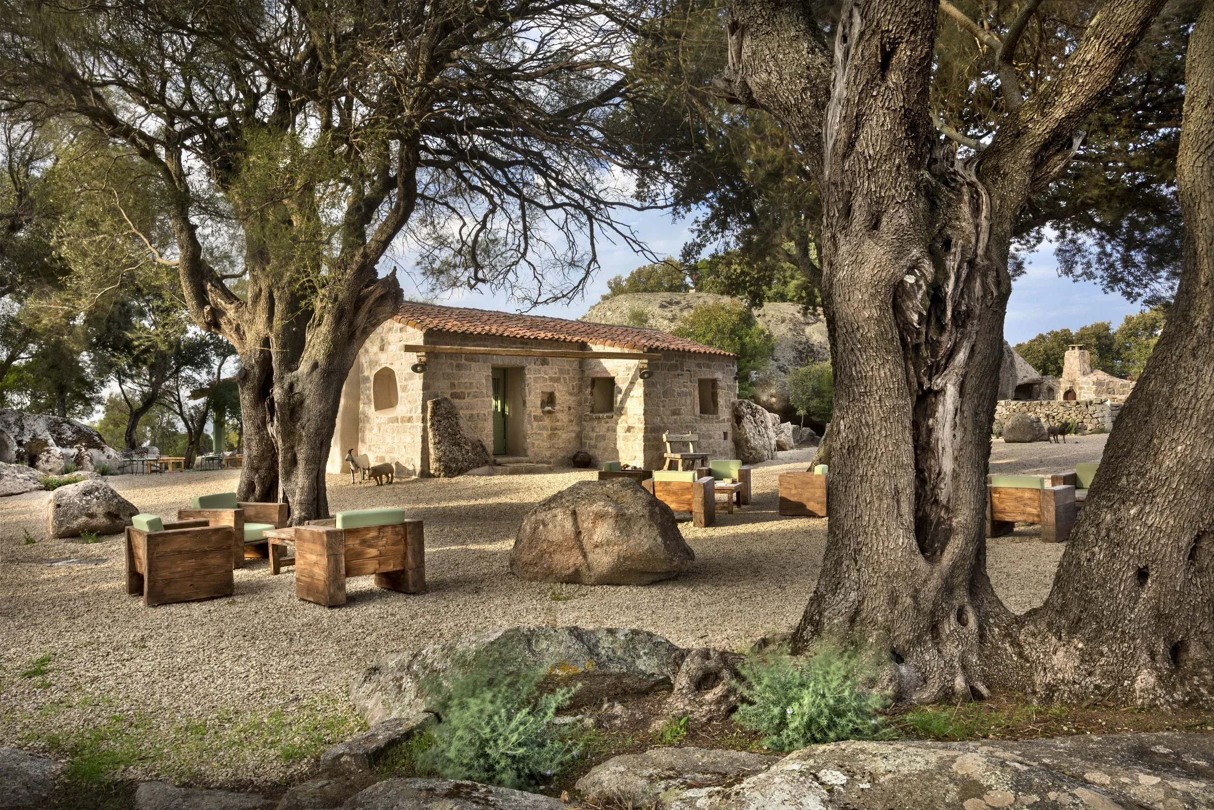 An outdoor scene in Sardinia, featuring a stone building with a red tile roof, large trees with thick trunks and spreading branches, rocks, and wooden benches with green cushions. The setting appears to be in a natural, rustic environment.