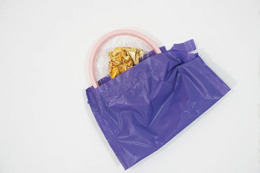 Royal Pain 5, Gold Leaf on Soft Cup, Purple Wrapper on Paper, 12''x16'', 2018