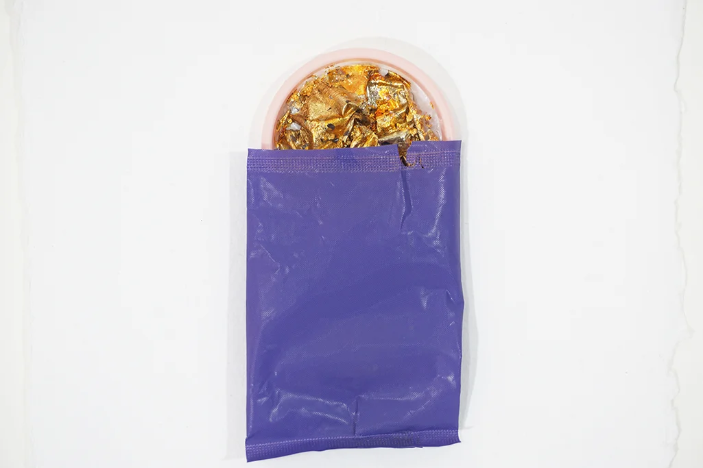 Day 2, Gold Leaf on Soft Cup, Purple Wrapper on Paper, 12''x16'', 2018