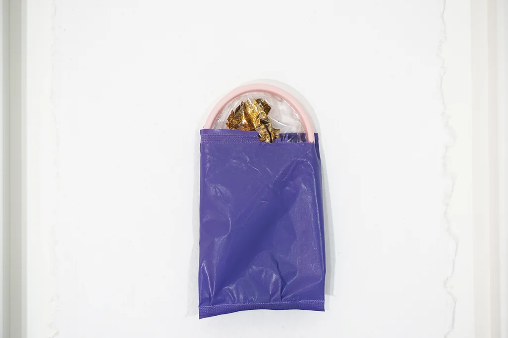 Day 3, Gold Leaf on Soft Cup, Purple Wrapper on Paper, 12''x16'', 2018