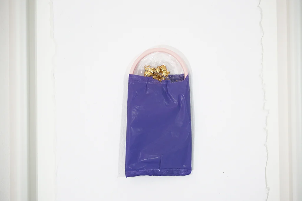 Day 4, Gold Leaf on Soft Cup, Purple Wrapper on Paper, 12''x16'', 2018