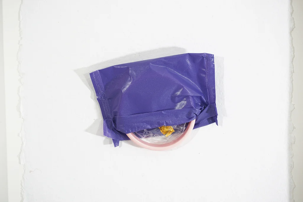 Royal Pain 3, Gold Leaf on Soft Cup, Purple Wrapper on Paper, 12''x16'', 2018