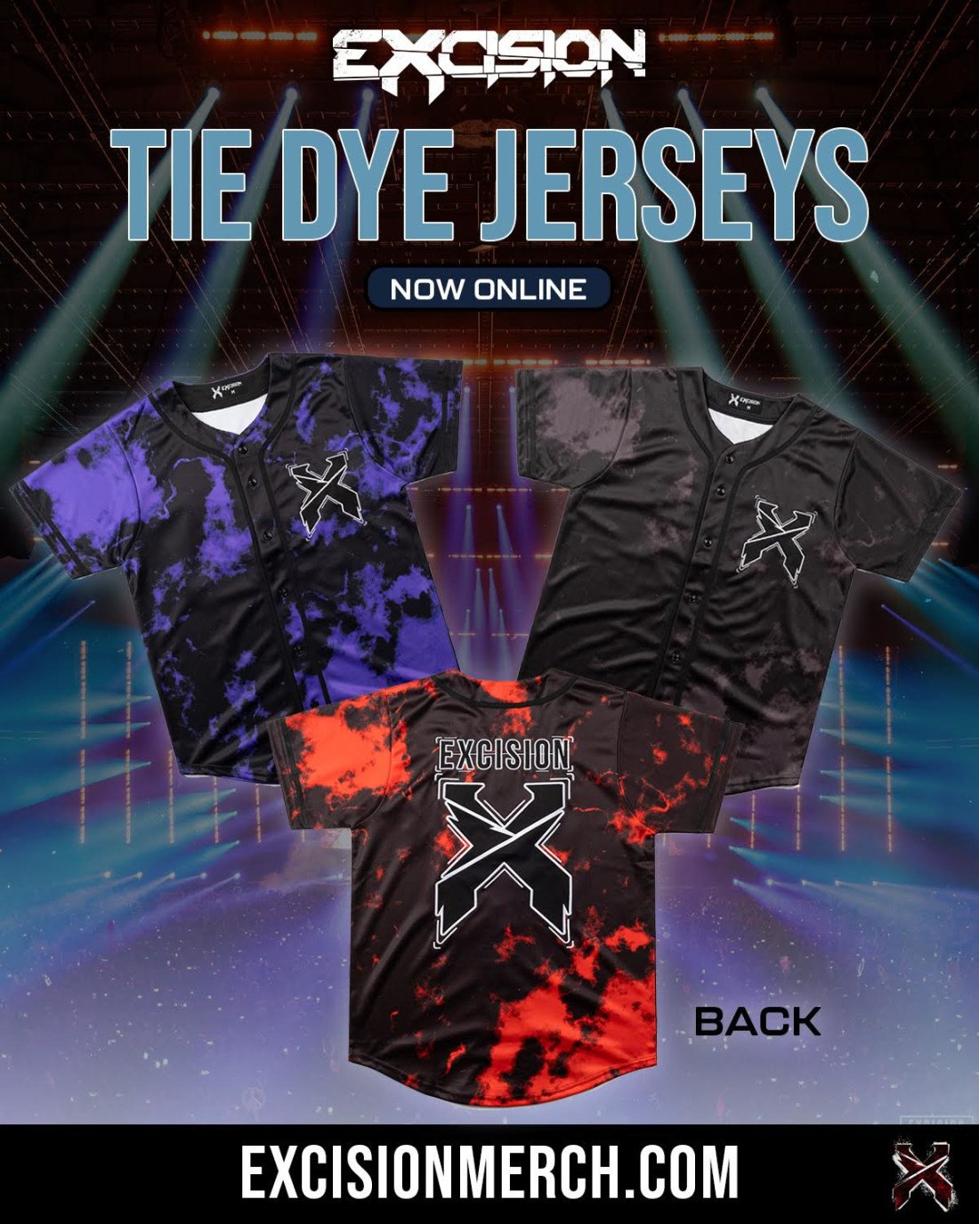 Promotional image for Excision tie-dye jerseys available online, featuring three jerseys with different color patterns on a stage background. Website link at the bottom.