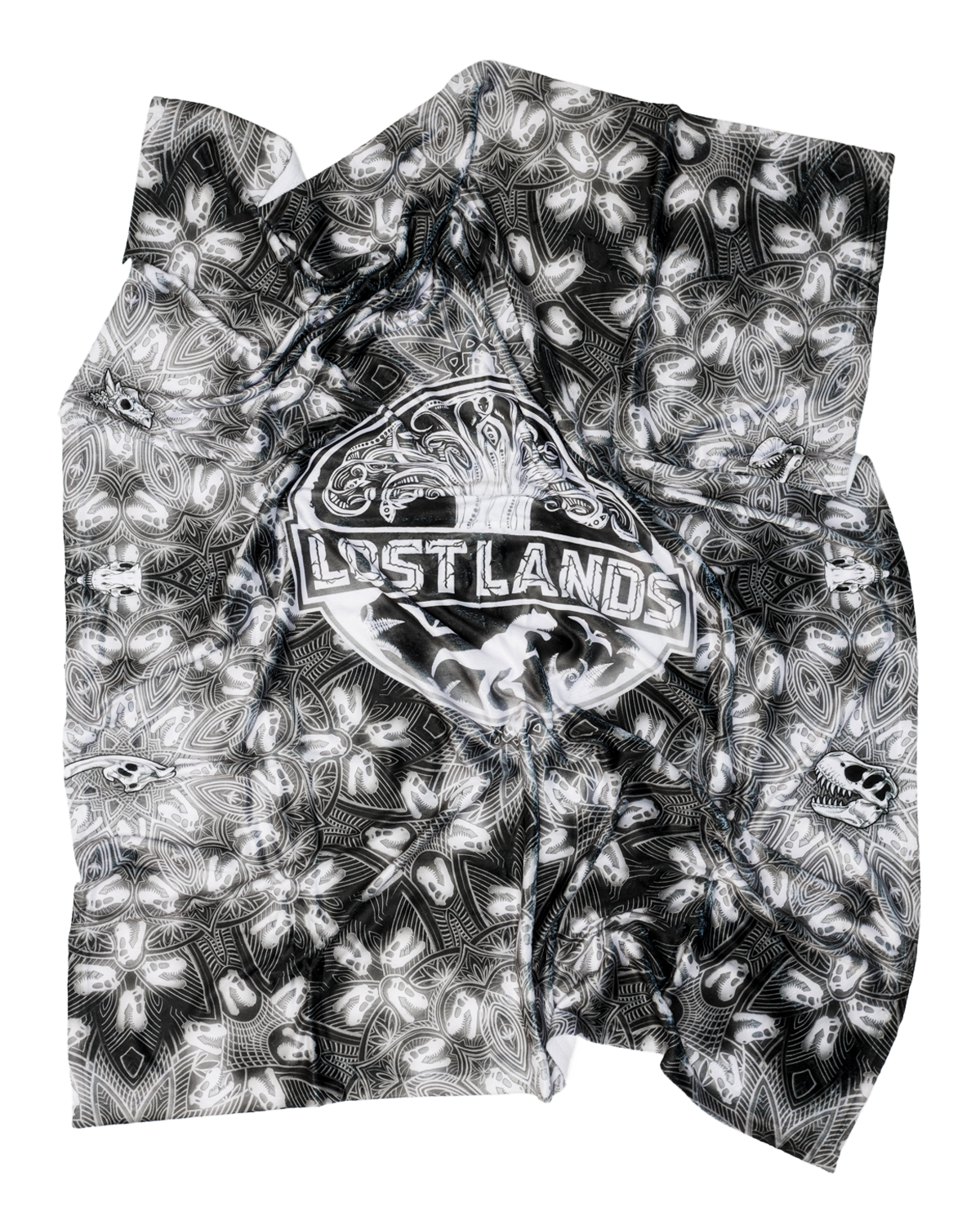 A patterned fabric with the text 'Lost Lands' and intricate black and white designs. The design includes skull motifs and symmetrical patterns.