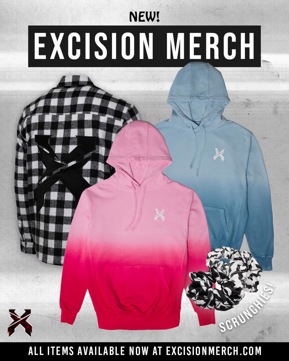 Excision merchandise display featuring a black and white checkered flannel with a large black X on the back, a pink hoodie, a blue hoodie, and two patterned scrunchies. Text reads "NEW! Excision Merch."