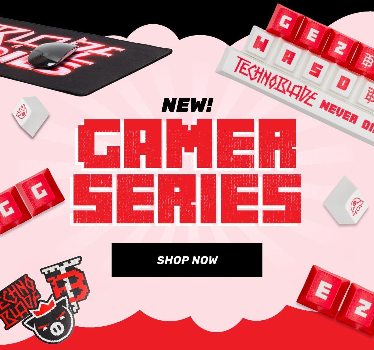 Promotional image for a new 'Gamer Series' featuring gaming accessories like a mouse pad, keycaps, and themed graphics with red and white designs. Includes the text 'Shop Now.'
