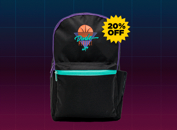 Black backpack with a multicolored design and turquoise zipper, featuring a special promotion offering 20% off. Set against a purple and blue gradient background.