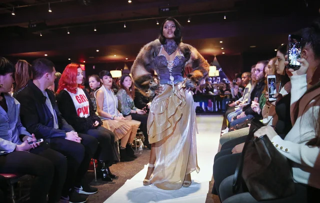 Melissa Davis, 22, models #MeToo fashion during Fashion Week. Photo:AP