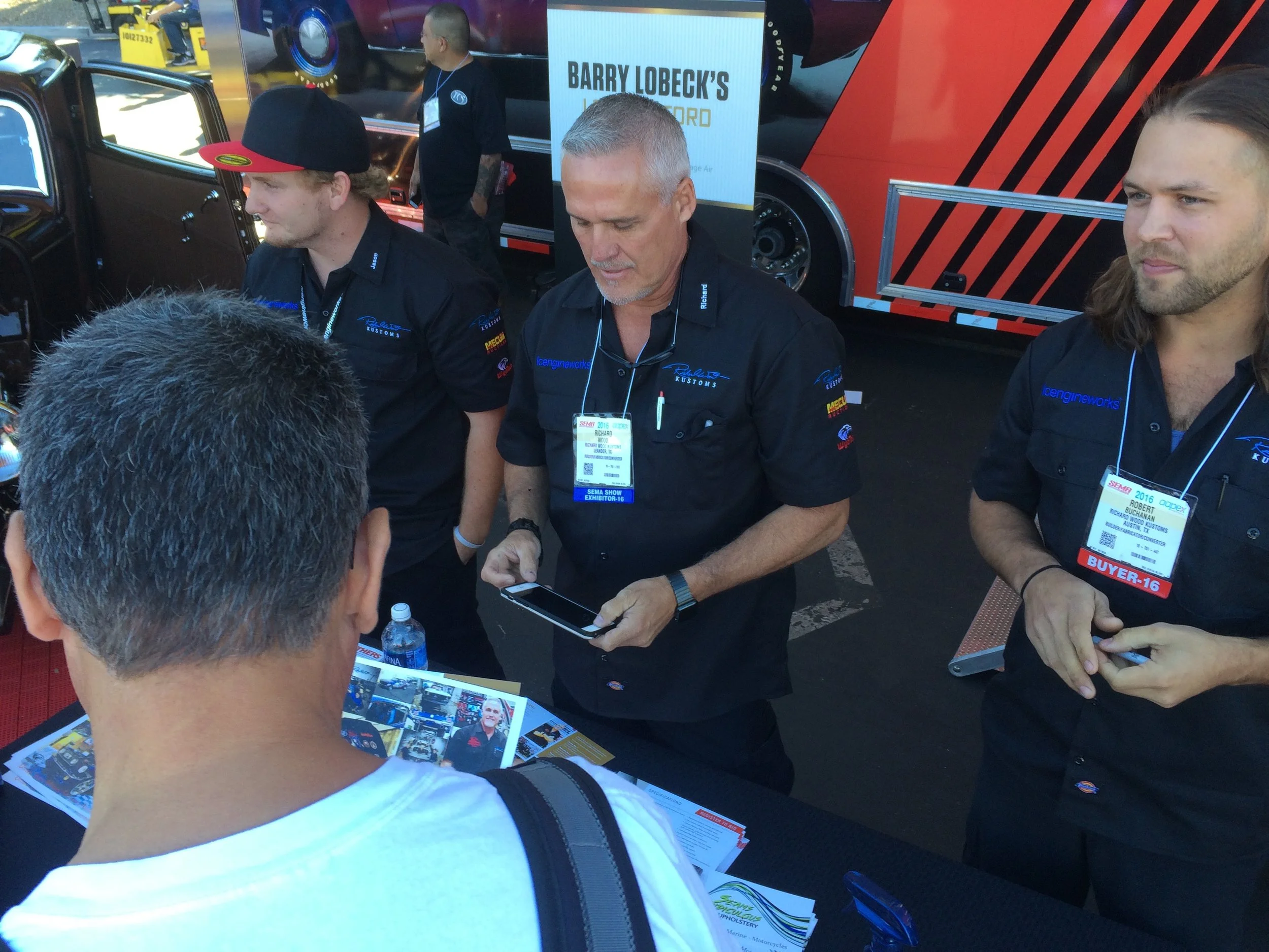 Richard WOod (Center) with lead builder robert buchanan (right) and his team member jason stults (left) at SEMA 2016