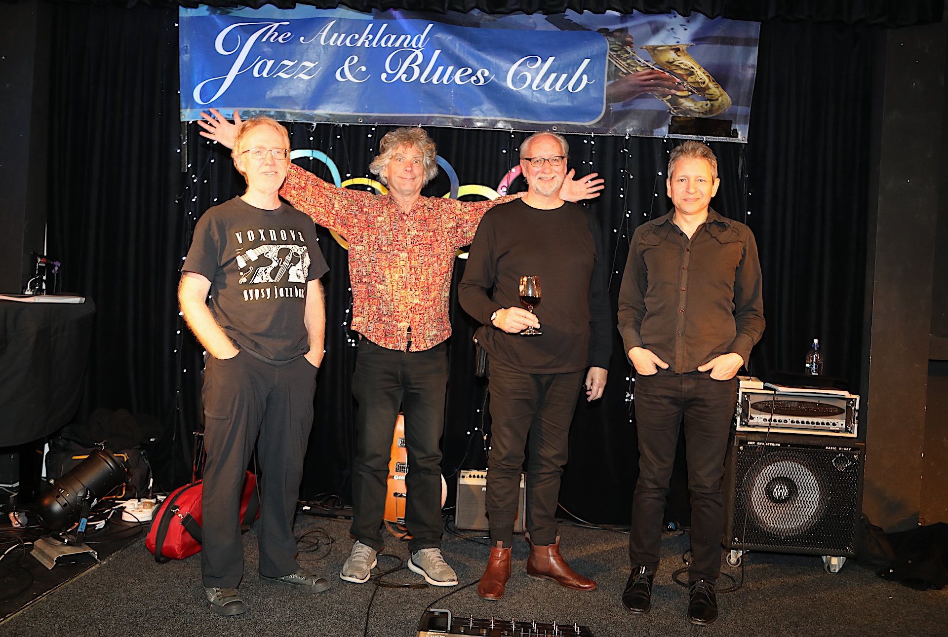 Voxnova Latin &amp; Romani Jazz Band - 6-8-24. James Sneyd, Nigel Gavin, Alan MacDonald, Aaron Coddell.