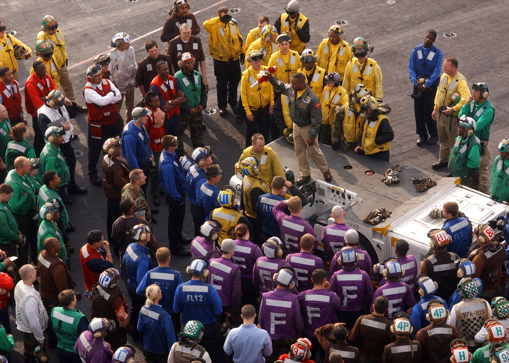 US_Navy_040413-N-4953E-005_Flight_Deck_personnel_attend_a_safety_brief_before_the_commencement_of_flight_deck_drills_on_the_flight_deck_aboard_USS_Harry_S._Truman_(CVN_75).jpg